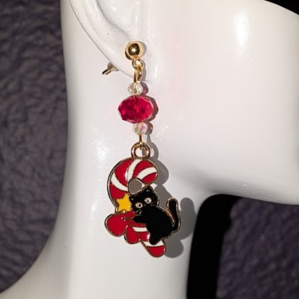 BOGO Candy Cane Lane Christmas Cat Earrings
